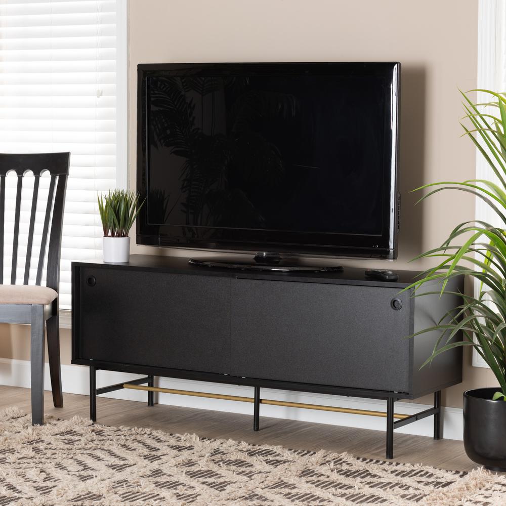 Dark Brown Finished Wood and Two-Tone Black and Gold Metal TV Stand. Picture 18