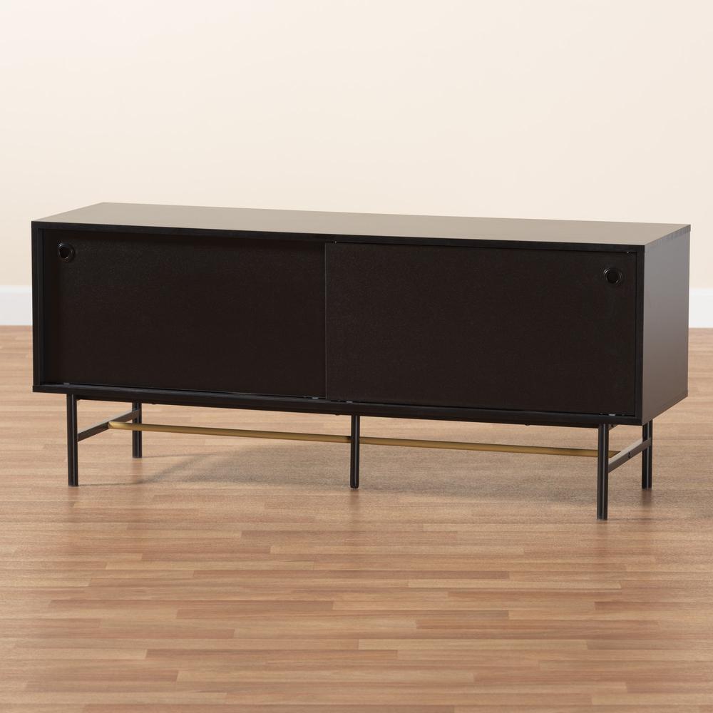 Dark Brown Finished Wood and Two-Tone Black and Gold Metal TV Stand. Picture 19