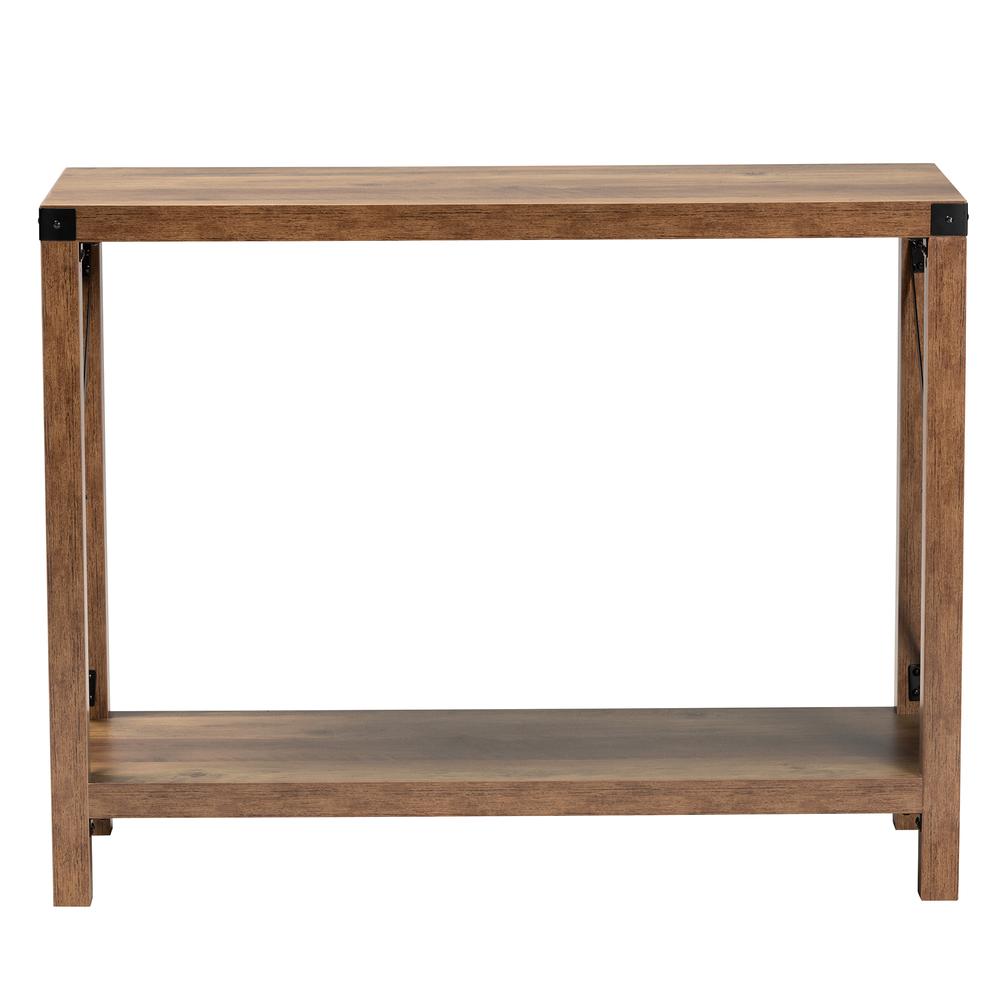 Rumi Modern Farmhouse Natural Brown Finished Wood and Black Metal Console Table. Picture 11