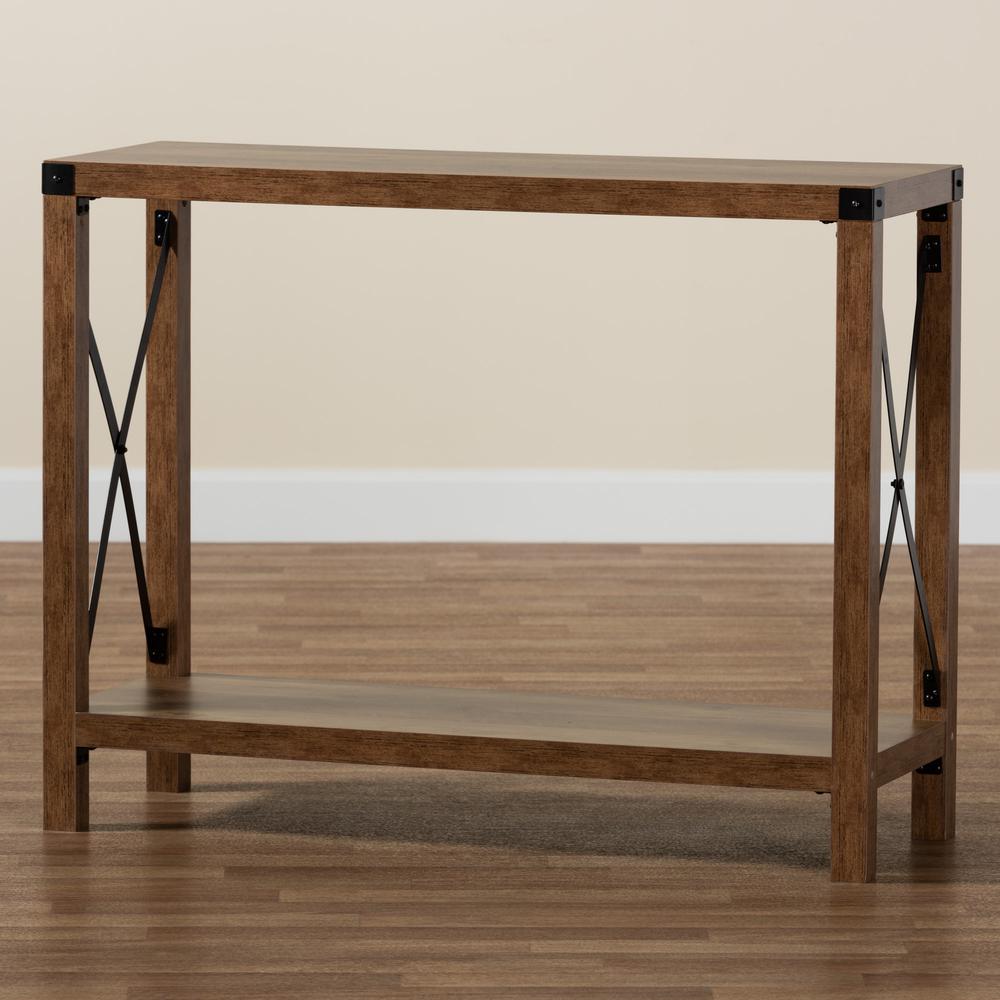 Rumi Modern Farmhouse Natural Brown Finished Wood and Black Metal Console Table. Picture 17