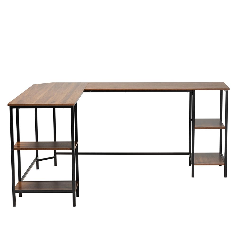 Walnut Brown Finished Wood and Black Metal L-Shaped Corner Desk with Shelves. Picture 12