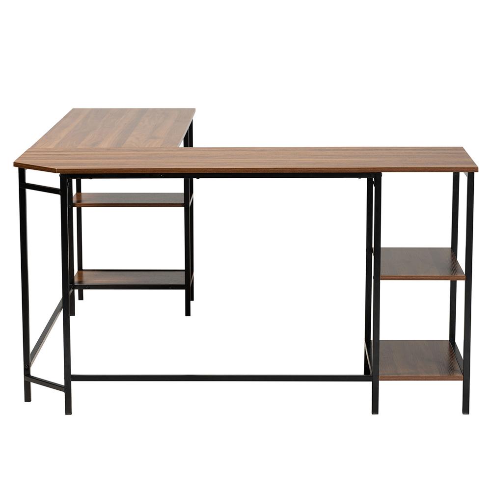 Walnut Brown Finished Wood and Black Metal L-Shaped Corner Desk with Shelves. Picture 13