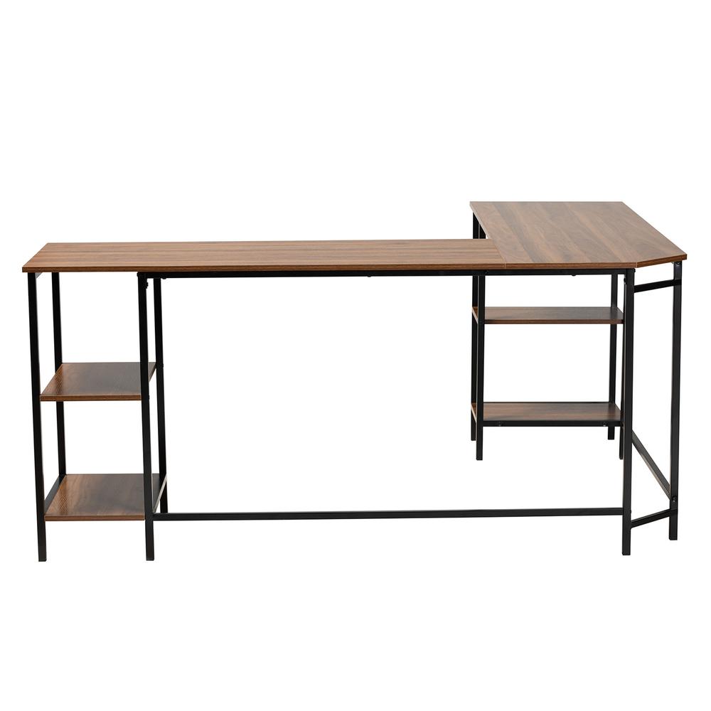 Walnut Brown Finished Wood and Black Metal L-Shaped Corner Desk with Shelves. Picture 14