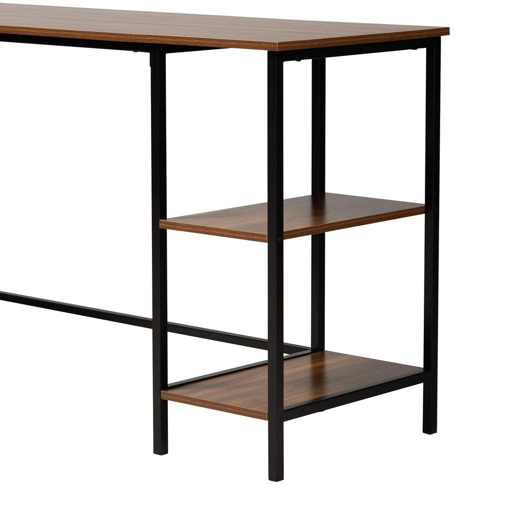 Walnut Brown Finished Wood and Black Metal L-Shaped Corner Desk with Shelves. Picture 15