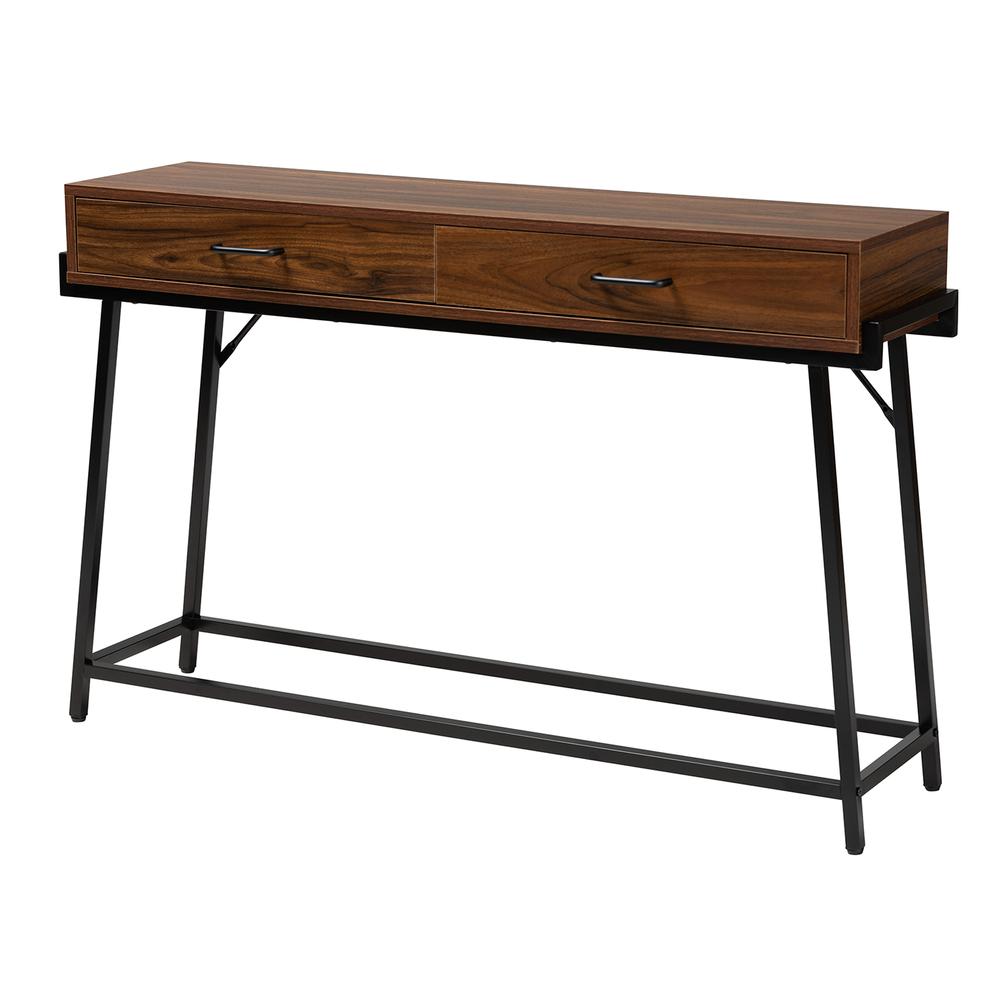 Industrial Walnut Brown Finished Wood and Black Metal 2-Drawer Console Table. Picture 11