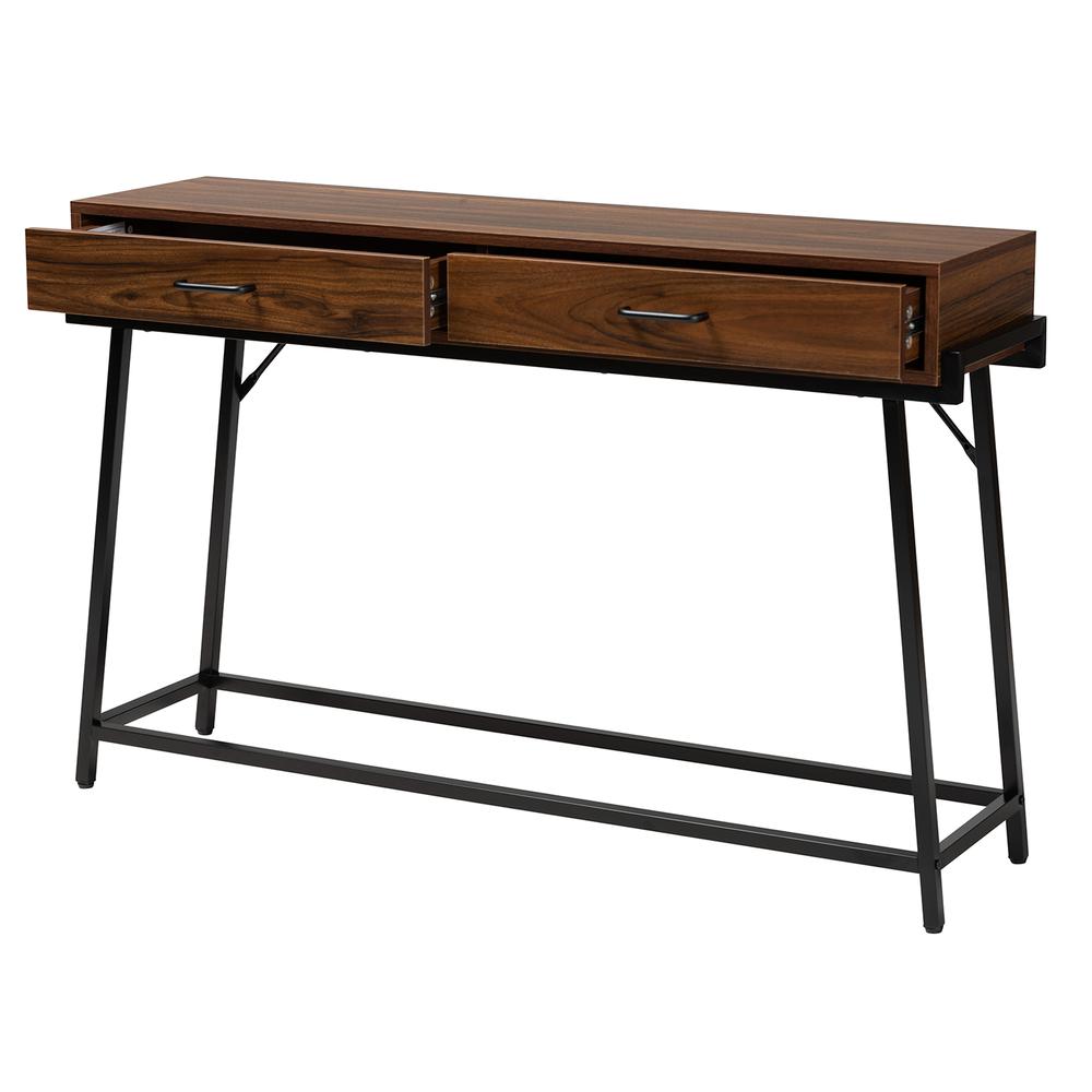 Industrial Walnut Brown Finished Wood and Black Metal 2-Drawer Console Table. Picture 12