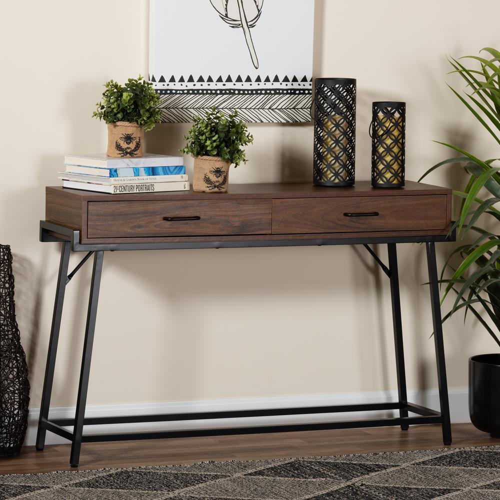 Industrial Walnut Brown Finished Wood and Black Metal 2-Drawer Console Table. Picture 18