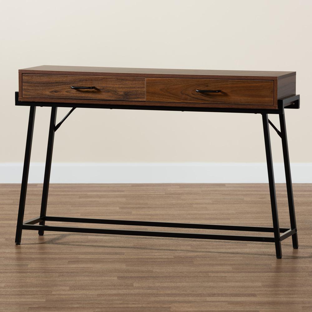 Industrial Walnut Brown Finished Wood and Black Metal 2-Drawer Console Table. Picture 19