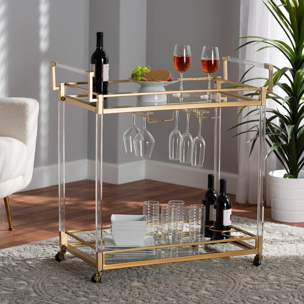 Baxton Studio Savannah Contemporary Glam and Luxe Gold Metal and Glass Wine Cart. Picture 20
