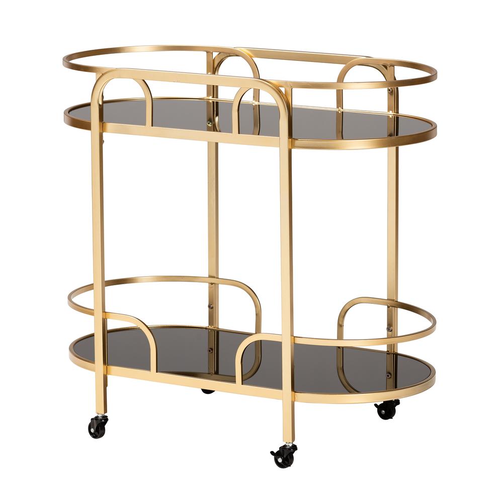Glam and Luxe Gold Metal and Tempered Glass 2-Tier Wine Cart. Picture 9