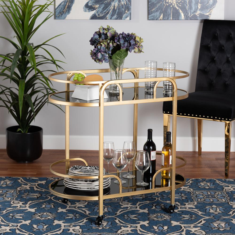 Glam and Luxe Gold Metal and Tempered Glass 2-Tier Wine Cart. Picture 14