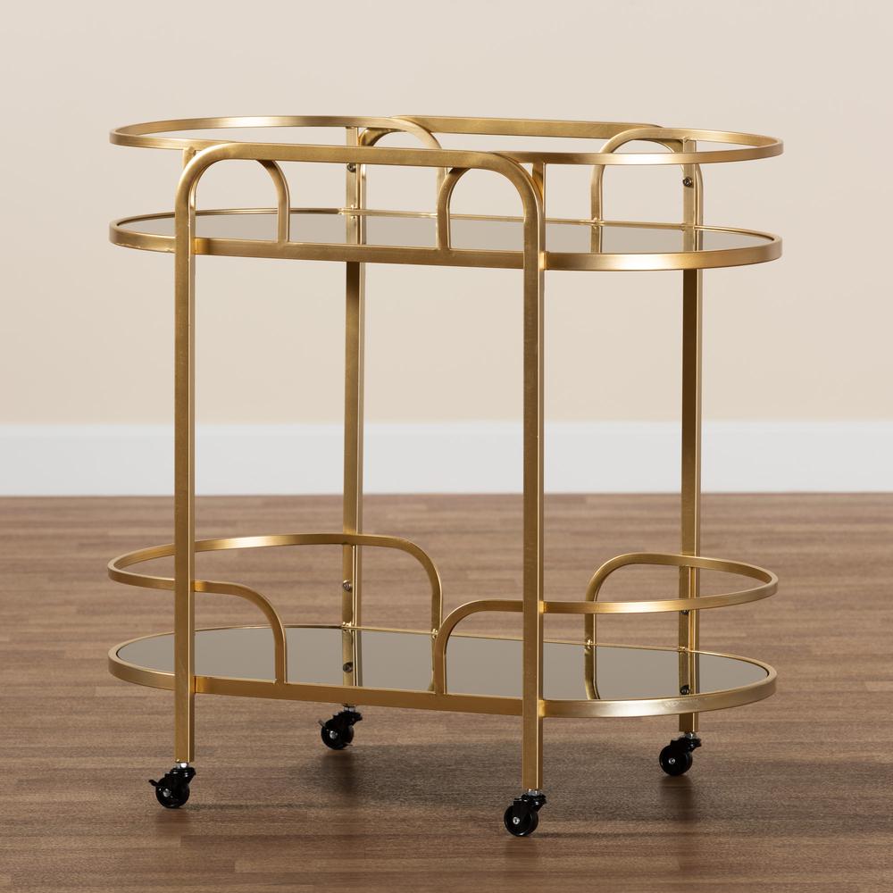 Glam and Luxe Gold Metal and Tempered Glass 2-Tier Wine Cart. Picture 15