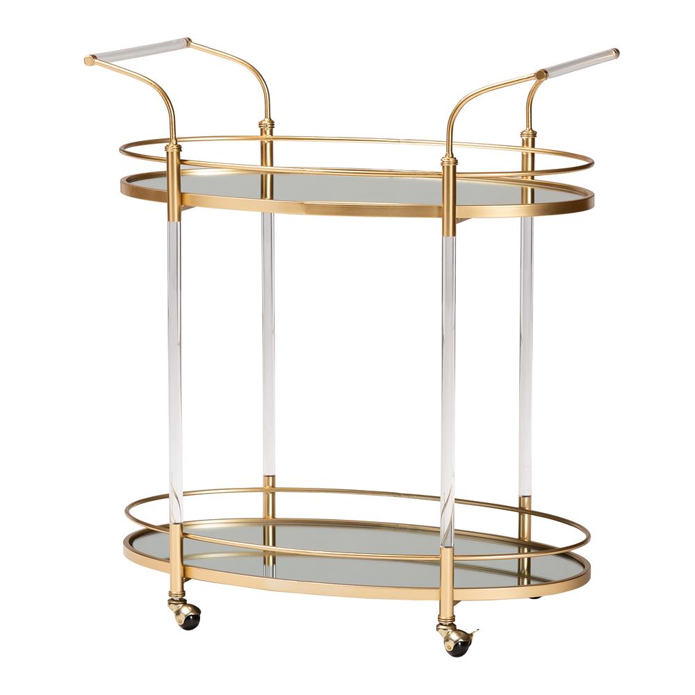 Nakano Contemporary Glam and Luxe Gold Metal and Mirrored Glass 2-Tier Wine Cart. Picture 9