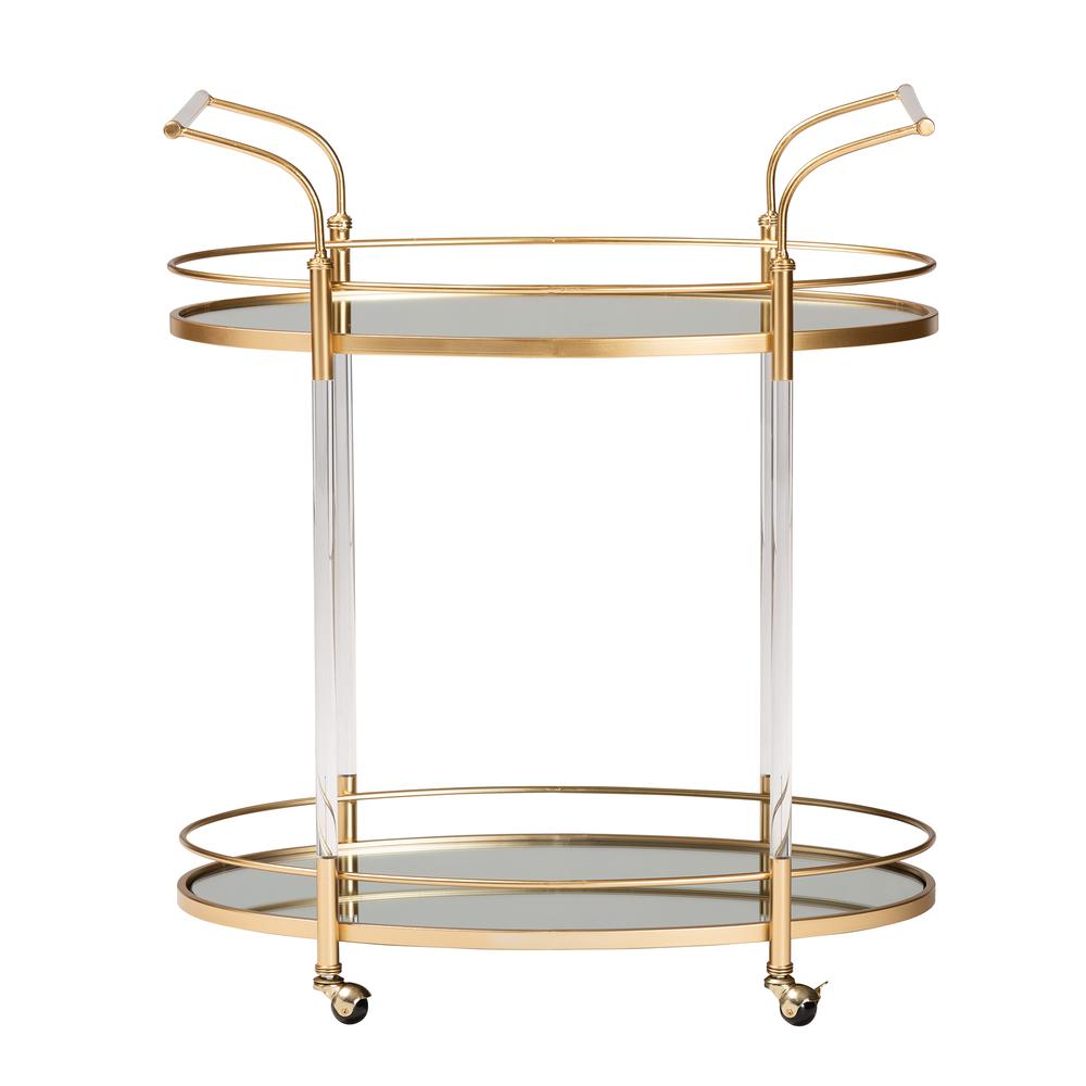 Nakano Contemporary Glam and Luxe Gold Metal and Mirrored Glass 2-Tier Wine Cart. Picture 10