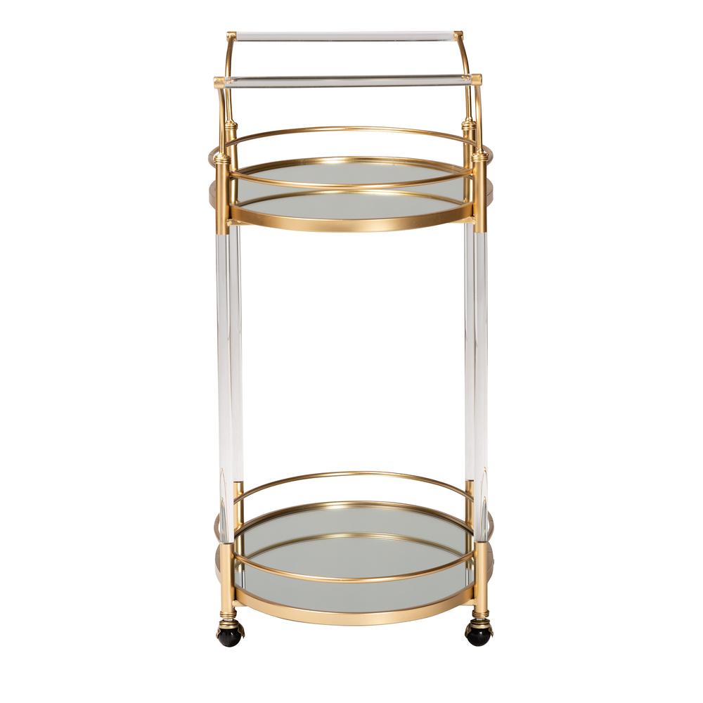 Nakano Contemporary Glam and Luxe Gold Metal and Mirrored Glass 2-Tier Wine Cart. Picture 11