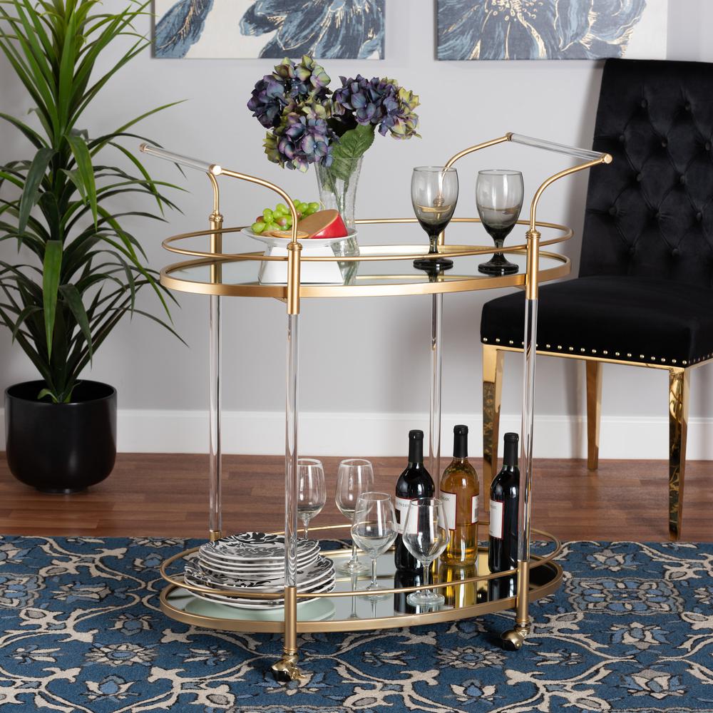 Nakano Contemporary Glam and Luxe Gold Metal and Mirrored Glass 2-Tier Wine Cart. Picture 14