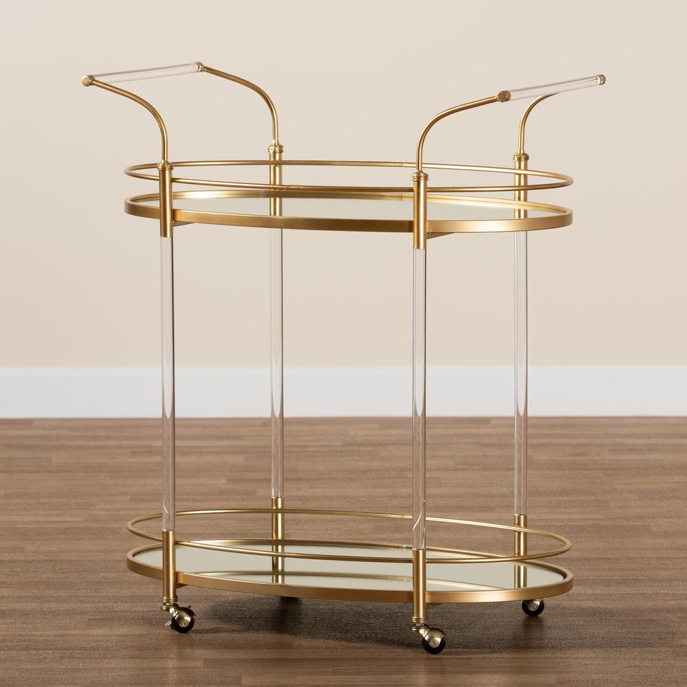 Nakano Contemporary Glam and Luxe Gold Metal and Mirrored Glass 2-Tier Wine Cart. Picture 15
