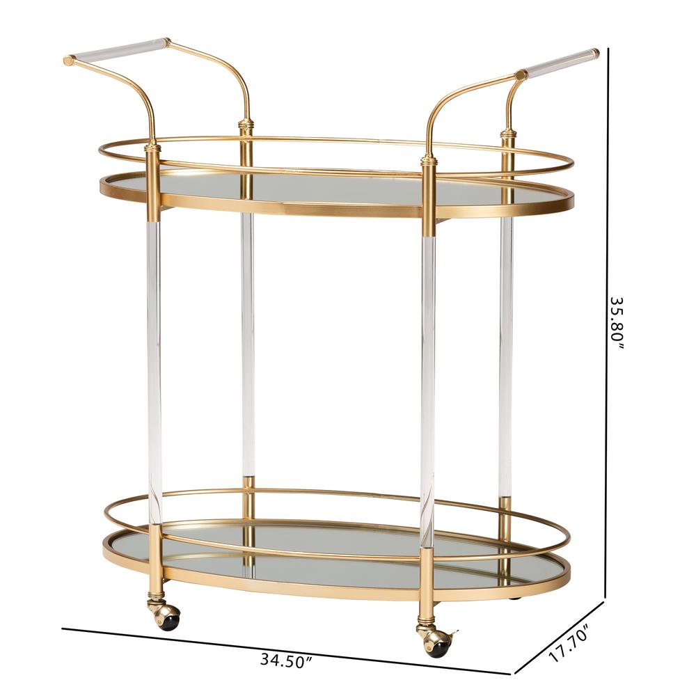 Nakano Contemporary Glam and Luxe Gold Metal and Mirrored Glass 2-Tier Wine Cart. Picture 16