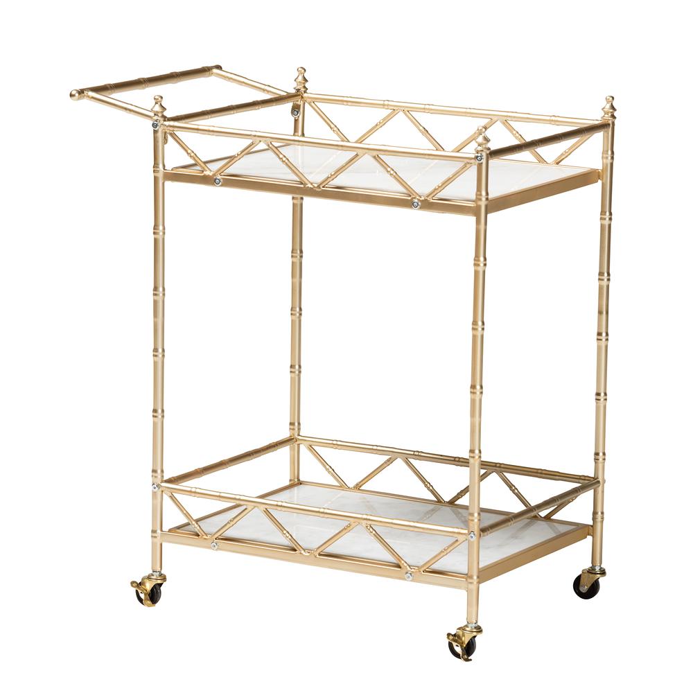 Mela Contemporary Glam and Luxe Gold Metal and White Marble 2-Tier Wine Cart. Picture 9