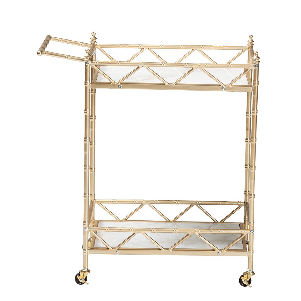 Mela Contemporary Glam and Luxe Gold Metal and White Marble 2-Tier Wine Cart. Picture 10