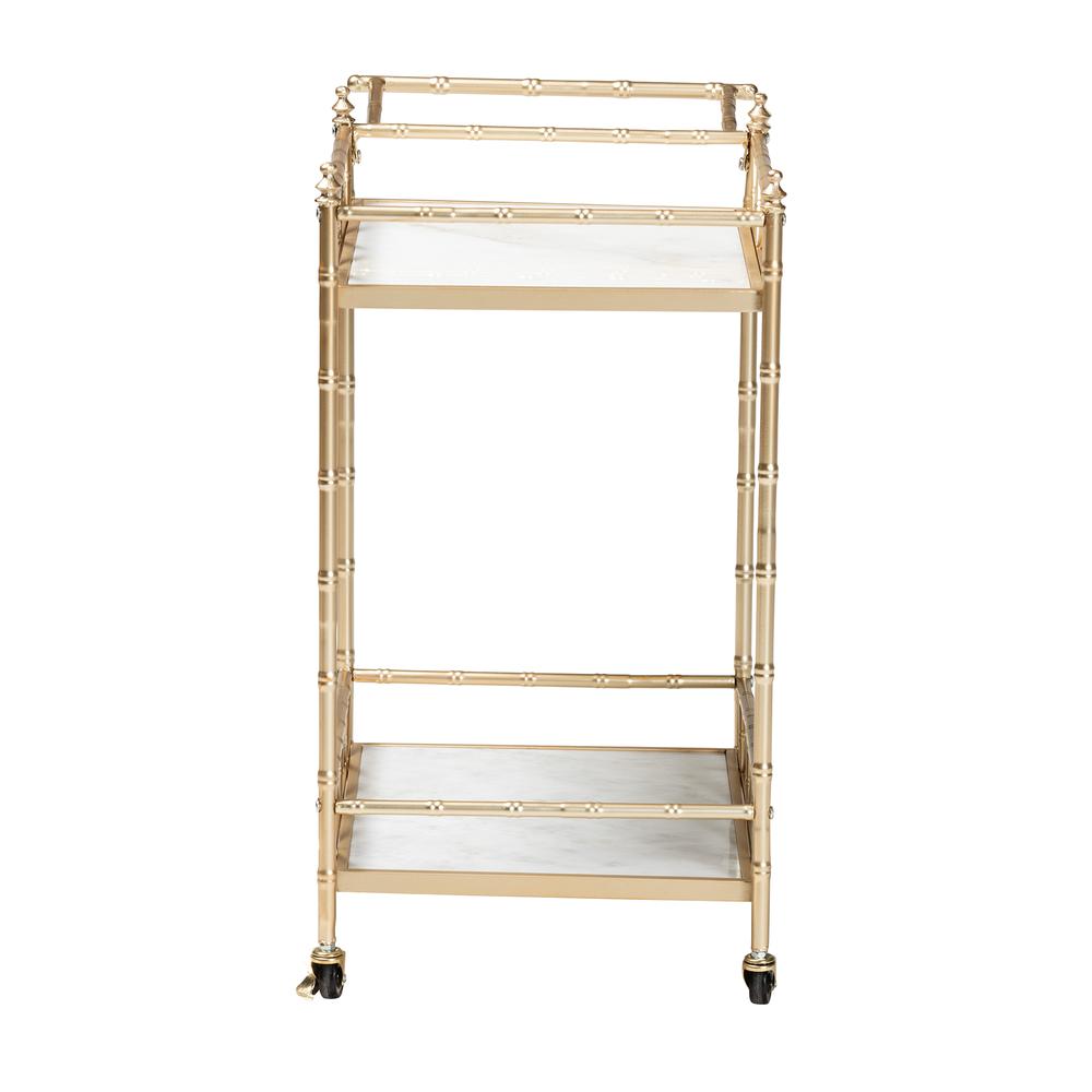 Mela Contemporary Glam and Luxe Gold Metal and White Marble 2-Tier Wine Cart. Picture 11