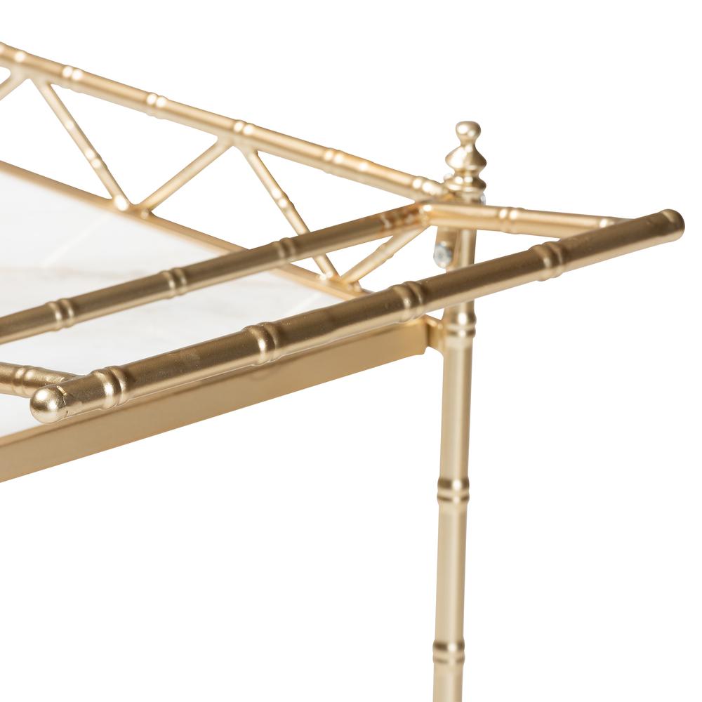 Mela Contemporary Glam and Luxe Gold Metal and White Marble 2-Tier Wine Cart. Picture 12