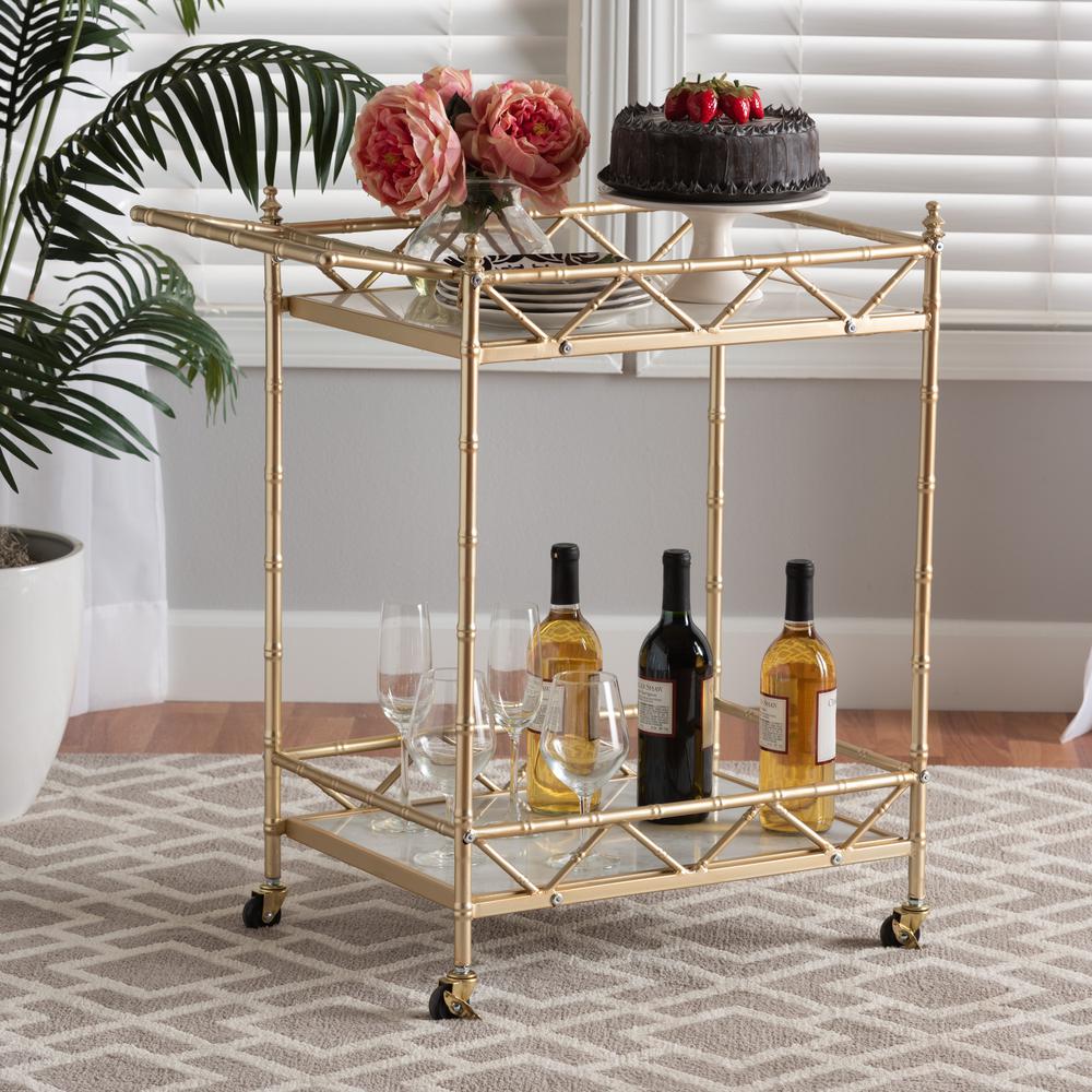 Mela Contemporary Glam and Luxe Gold Metal and White Marble 2-Tier Wine Cart. Picture 14