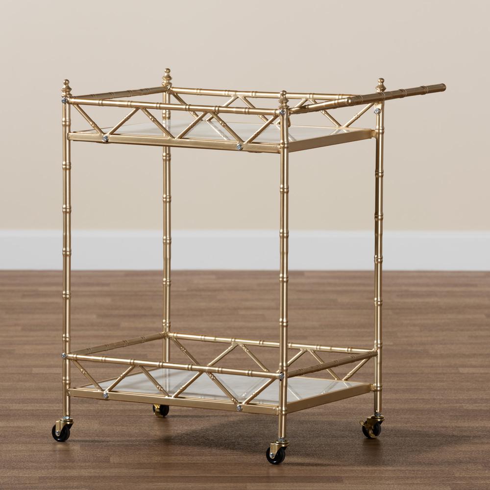 Mela Contemporary Glam and Luxe Gold Metal and White Marble 2-Tier Wine Cart. Picture 15