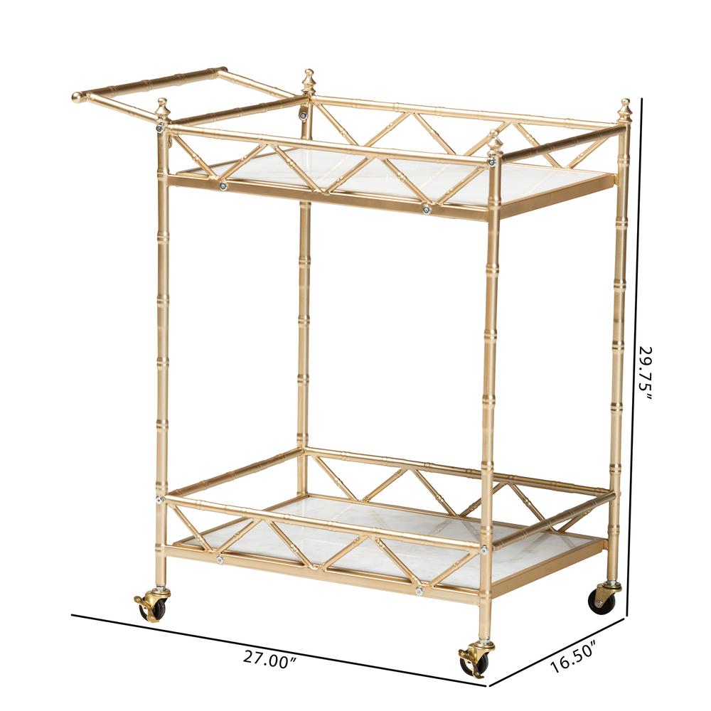 Mela Contemporary Glam and Luxe Gold Metal and White Marble 2-Tier Wine Cart. Picture 16