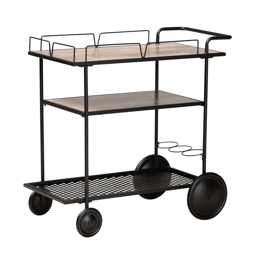 Industrial Walnut Brown Finished Wood and Black Metal Mobile Wine Cart. Picture 10