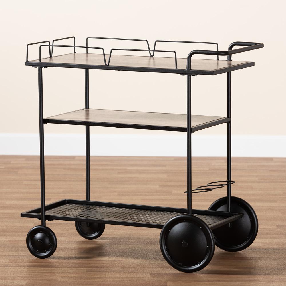 Industrial Walnut Brown Finished Wood and Black Metal Mobile Wine Cart. Picture 17