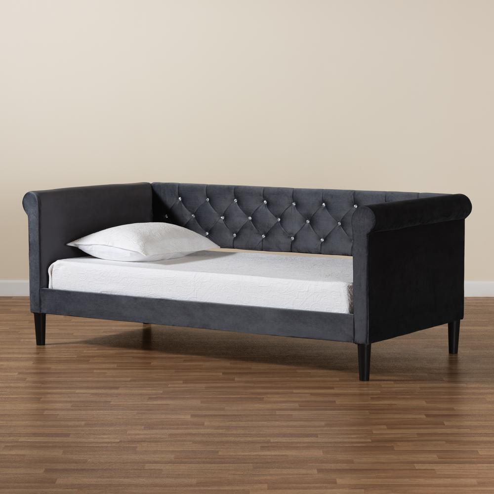 Grey Velvet Fabric Upholstered and Dark Brown Finished Wood Twin Size Daybed. Picture 18