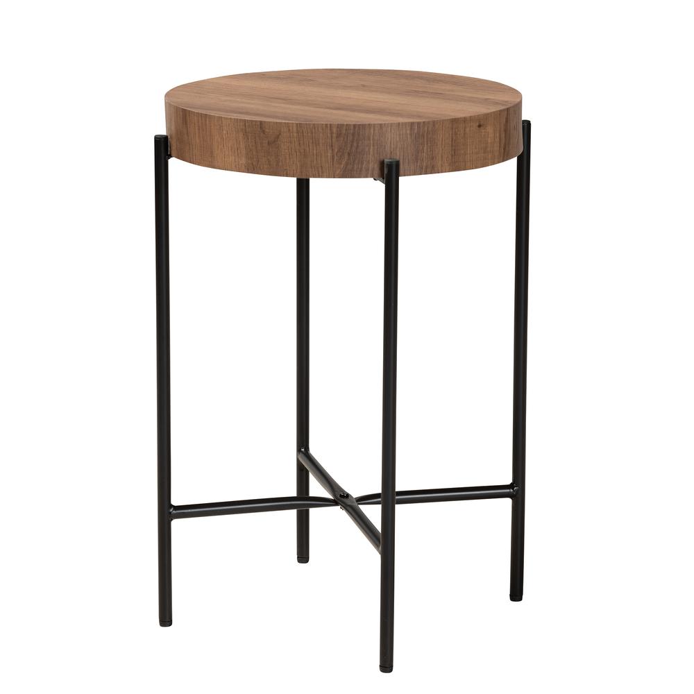 Savion Modern Industrial Walnut Brown Finished Wood and Black Metal End Table. Picture 8