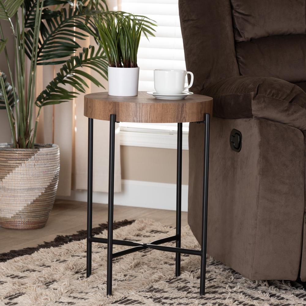 Savion Modern Industrial Walnut Brown Finished Wood and Black Metal End Table. Picture 12