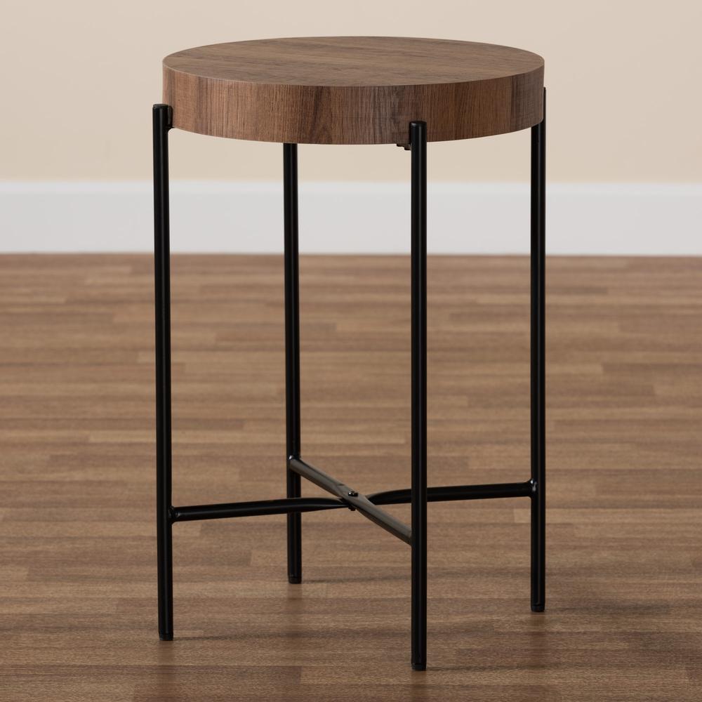 Savion Modern Industrial Walnut Brown Finished Wood and Black Metal End Table. Picture 13