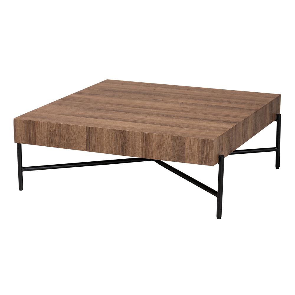 Savion Modern Industrial Walnut Brown Finished Wood and Black Metal Coffee Table. Picture 8