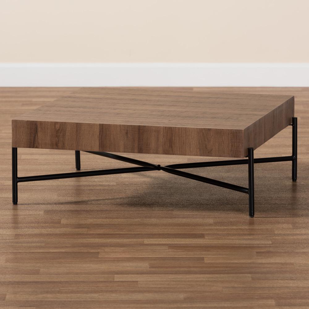 Savion Modern Industrial Walnut Brown Finished Wood and Black Metal Coffee Table. Picture 13