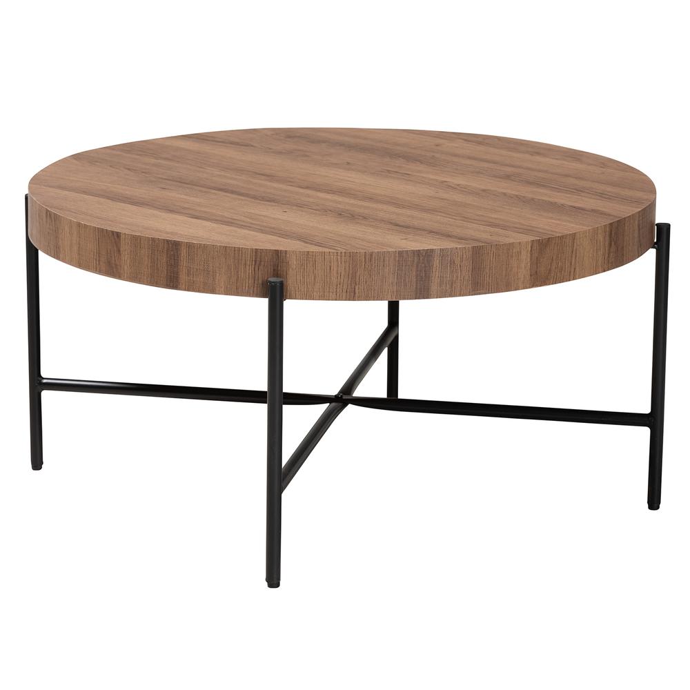 Umar Modern Industrial Walnut Brown Finished Wood and Black Metal Coffee Table. Picture 9