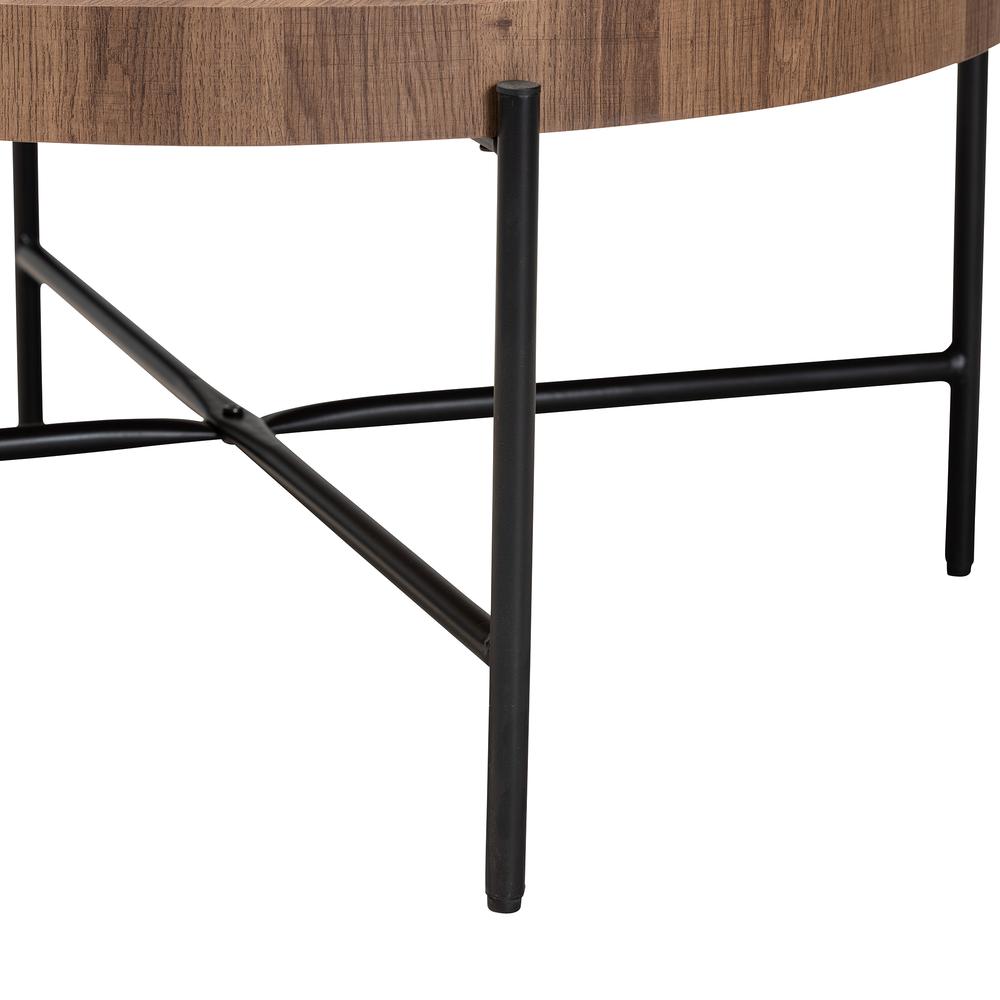 Umar Modern Industrial Walnut Brown Finished Wood and Black Metal Coffee Table. Picture 11