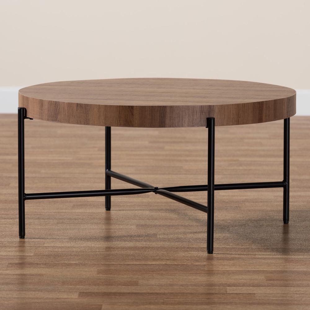 Umar Modern Industrial Walnut Brown Finished Wood and Black Metal Coffee Table. Picture 15