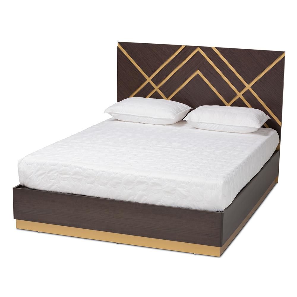 Glam and Luxe Two-Tone Dark Brown and Gold Finished Wood Queen Size Platform Bed. Picture 10
