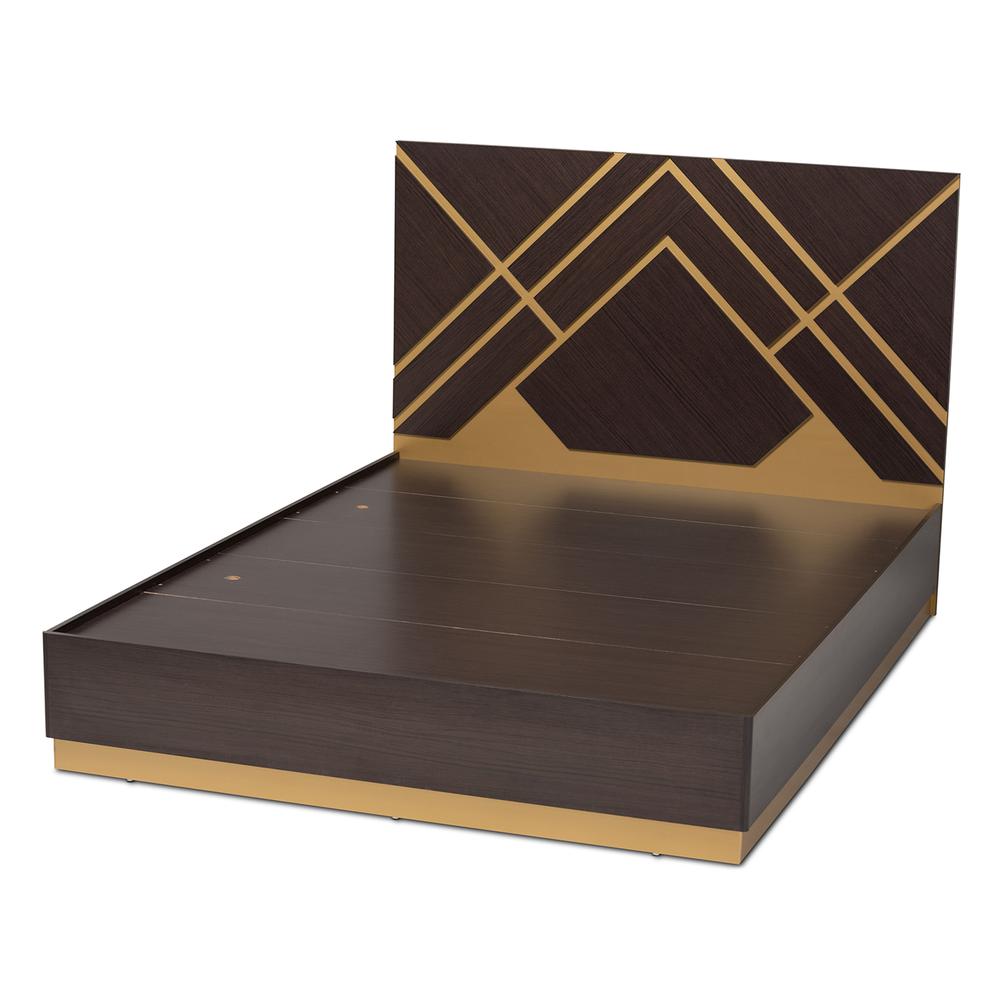 Glam and Luxe Two-Tone Dark Brown and Gold Finished Wood Queen Size Platform Bed. Picture 11