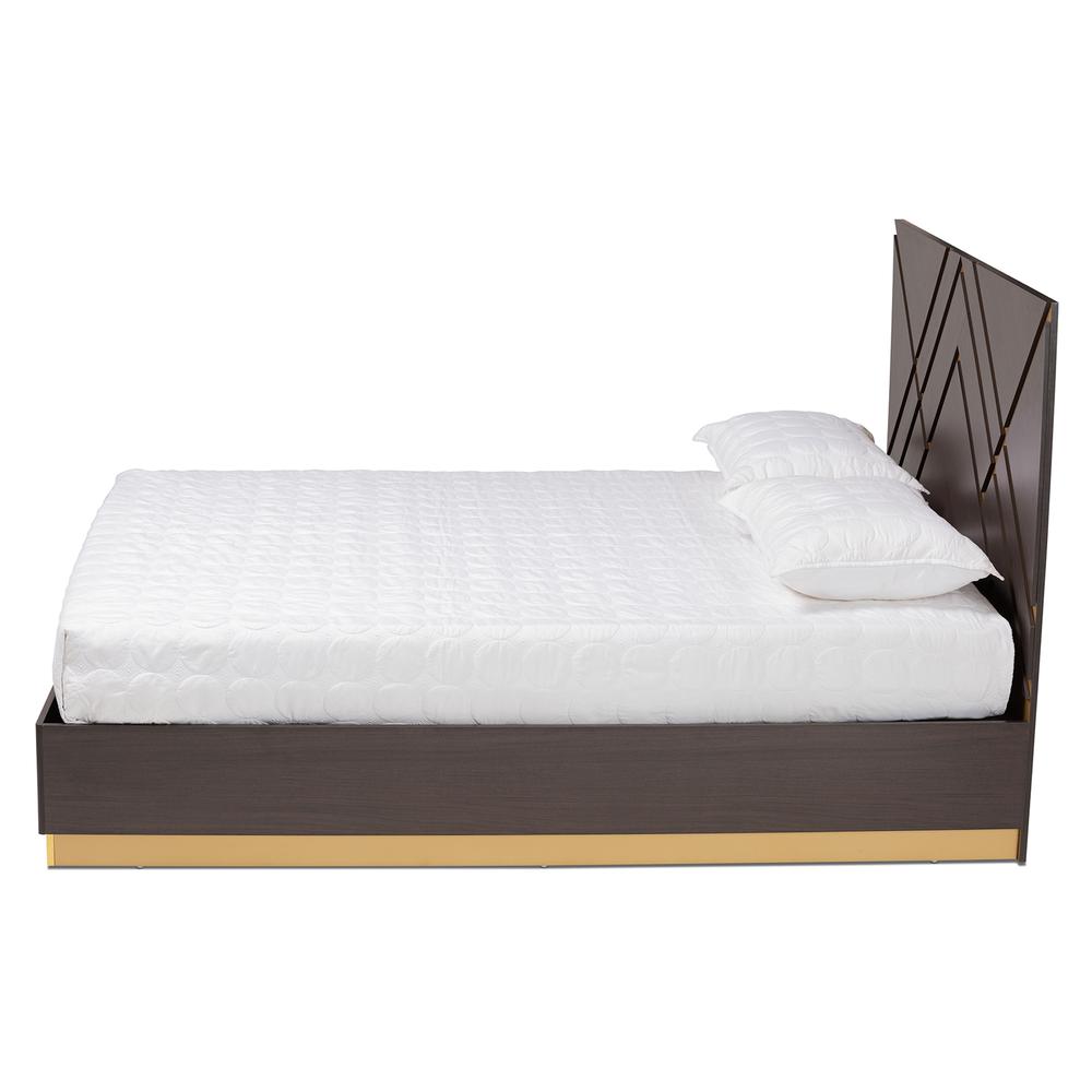Glam and Luxe Two-Tone Dark Brown and Gold Finished Wood Queen Size Platform Bed. Picture 12