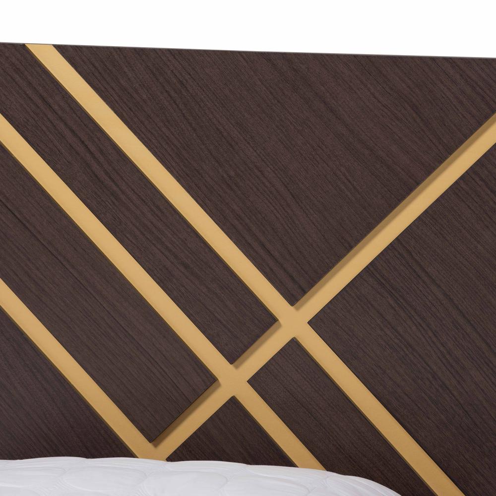 Glam and Luxe Two-Tone Dark Brown and Gold Finished Wood Queen Size Platform Bed. Picture 13