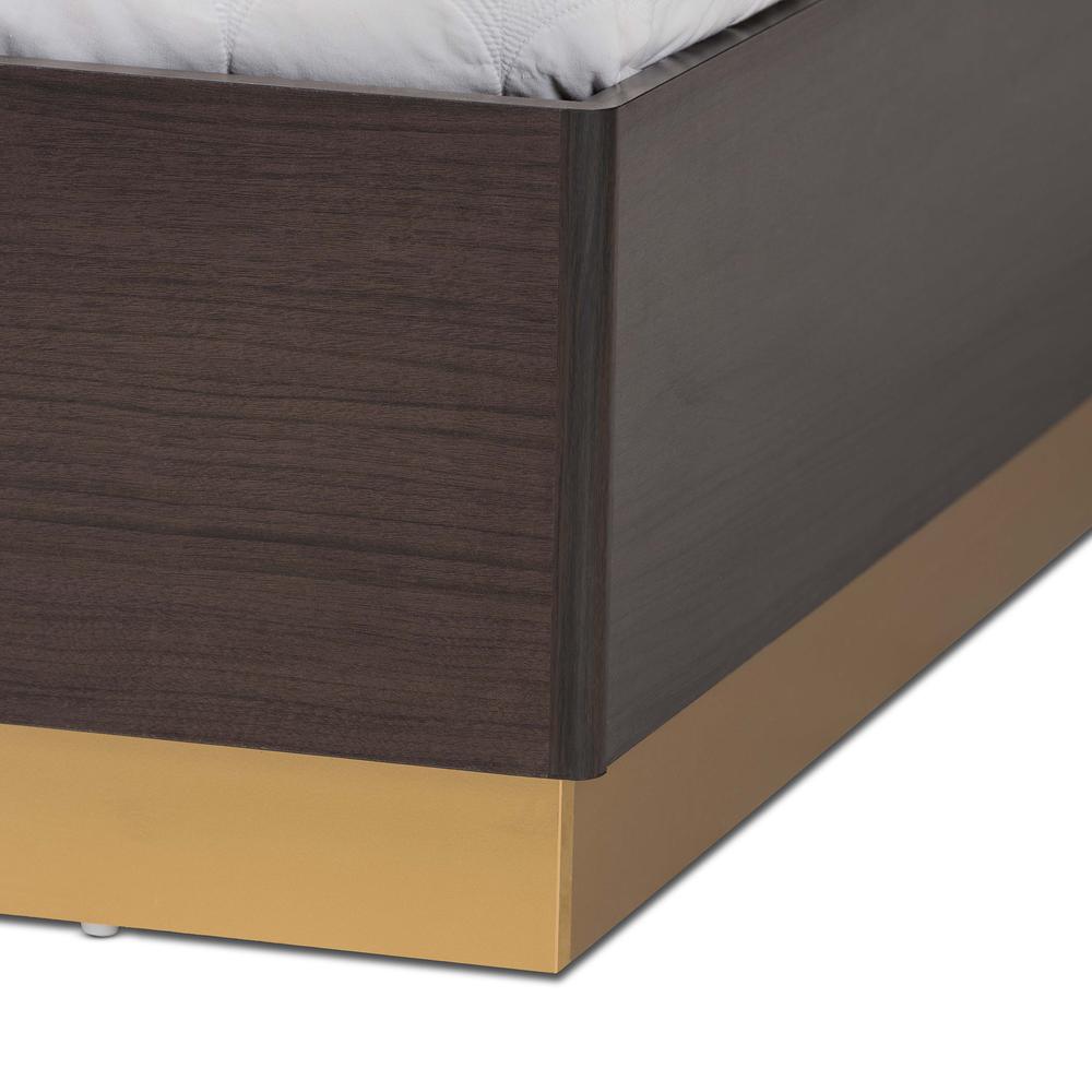 Glam and Luxe Two-Tone Dark Brown and Gold Finished Wood Queen Size Platform Bed. Picture 14