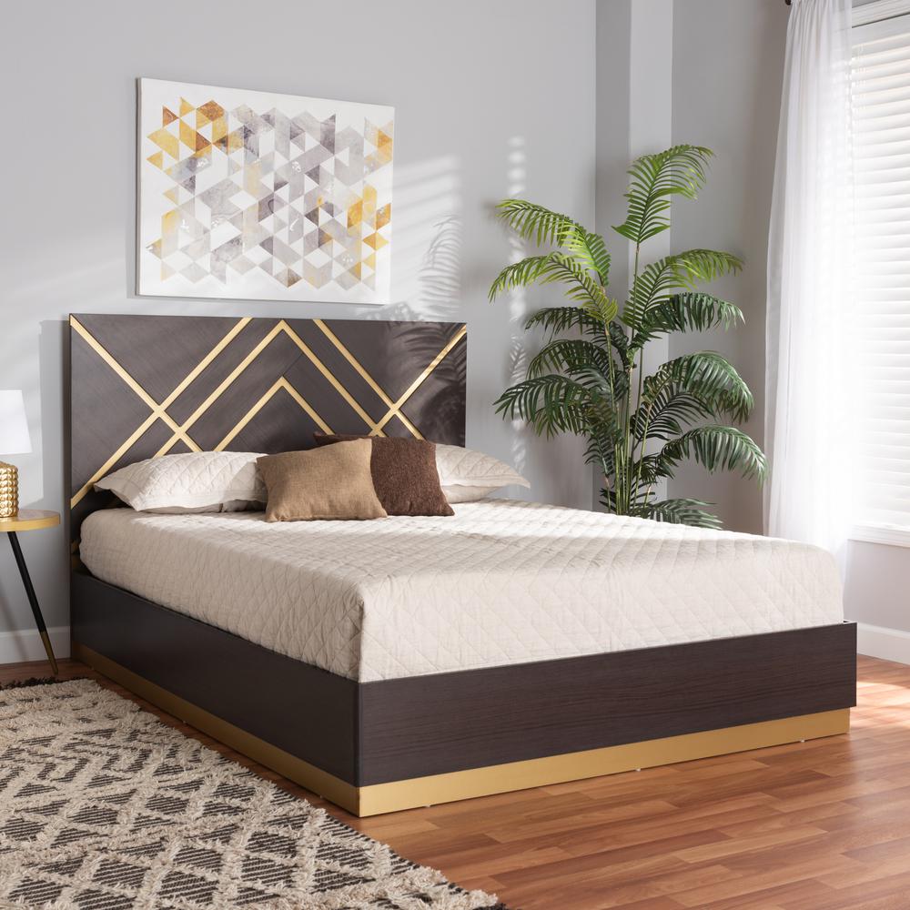 Glam and Luxe Two-Tone Dark Brown and Gold Finished Wood Queen Size Platform Bed. Picture 16