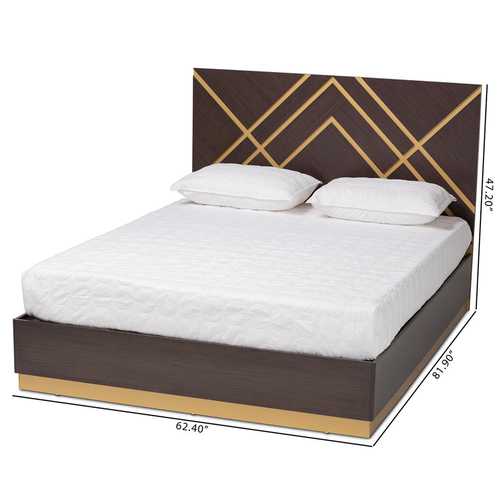 Glam and Luxe Two-Tone Dark Brown and Gold Finished Wood Queen Size Platform Bed. Picture 18