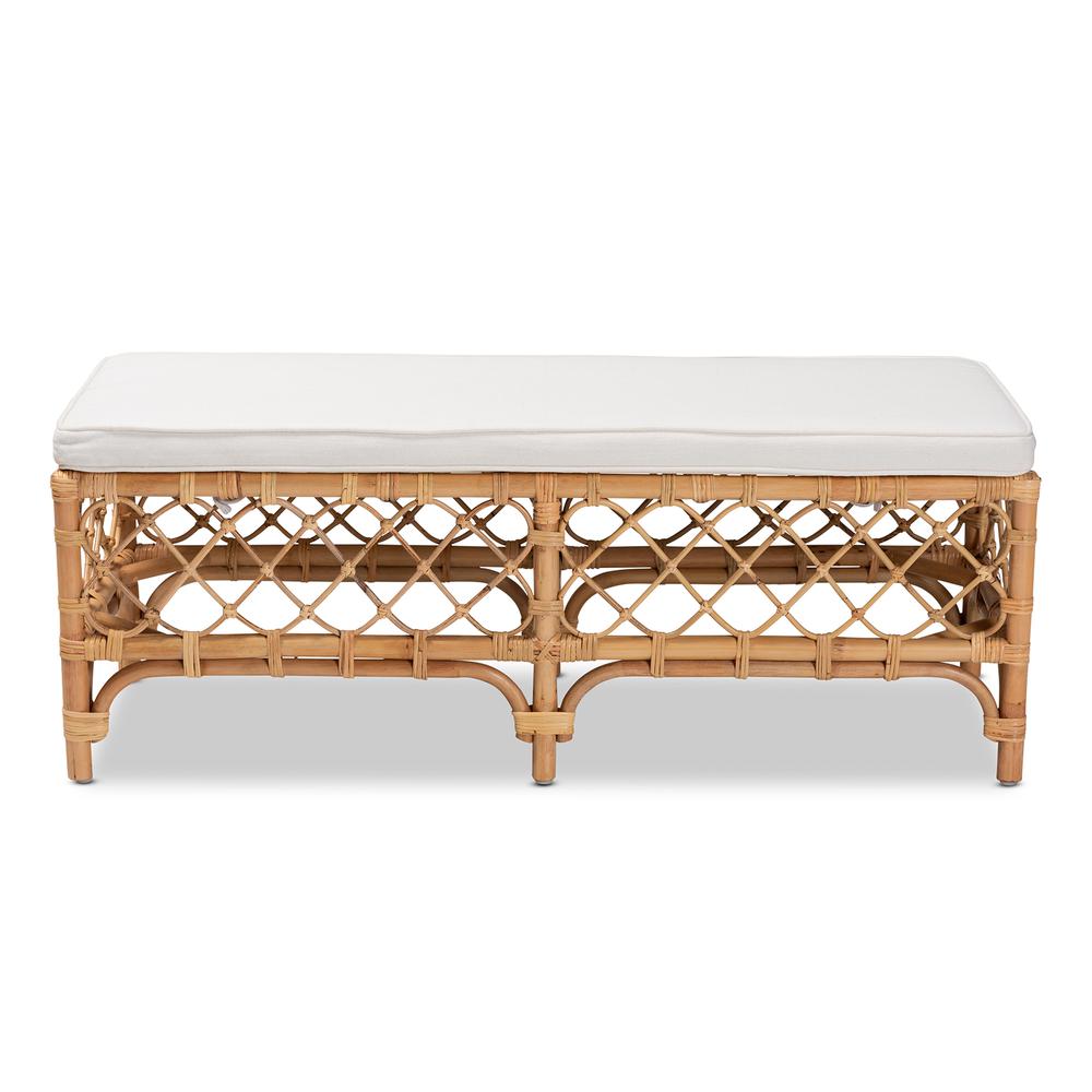 Bohemian White Fabric Upholstered and Natural Brown Rattan Bench. Picture 10