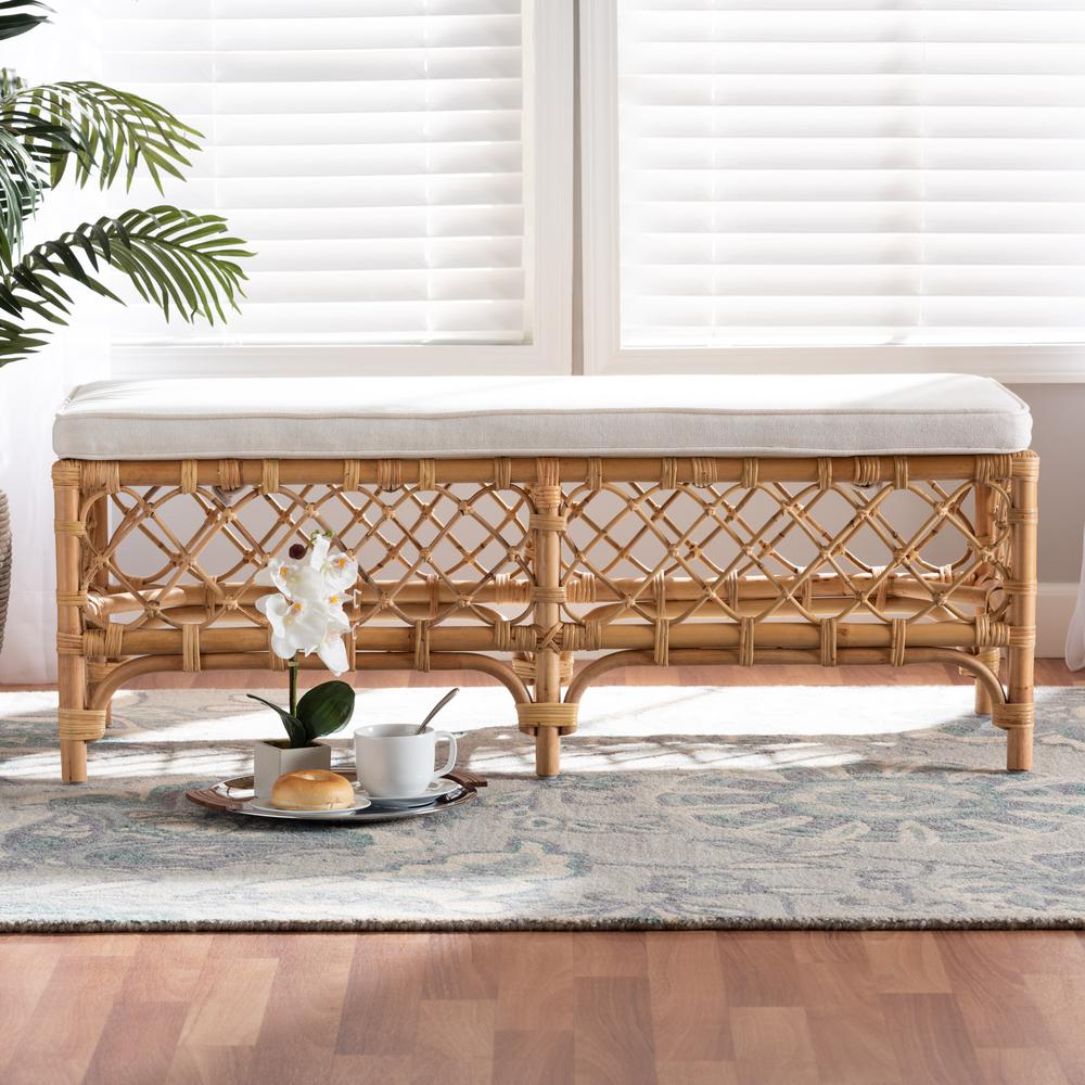 Bohemian White Fabric Upholstered and Natural Brown Rattan Bench. Picture 14