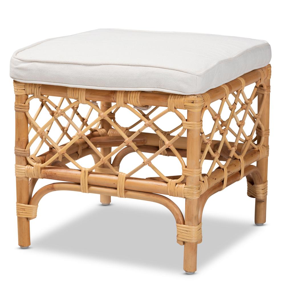 Bohemian White Fabric Upholstered and Natural Brown Rattan Ottoman. Picture 8